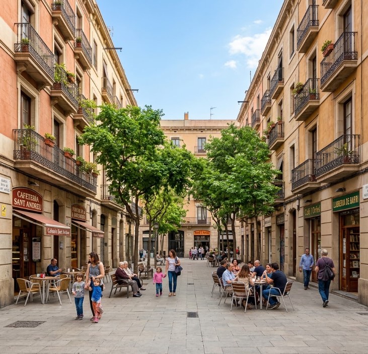 Vistas de las calles peatonales, comercios locales y vida vecinal en Sant Andreu, Barcelona